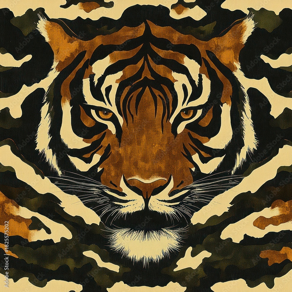 Fototapeta premium Close-up painting of a tiger's face with intense eyes blending into a camouflage pattern background in shades of brown, black, and cream