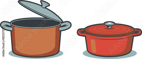 Cartoon Kitchenware Open Stock Pot with Lid and Red Covered Casserole Dish