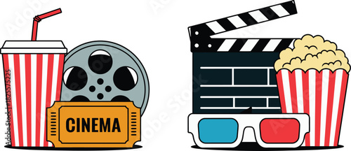 Cartoon Movie Night Featuring Drink, Ticket, Film Reel, Clapperboard, Popcorn, and 3D Glasses