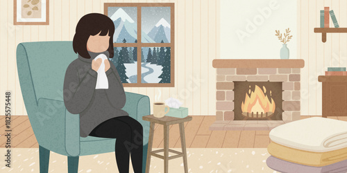Cozy indoor winter scene showing a woman sitting in an armchair with a tissue, suggesting cold or flu symptoms, beside a warm fireplace, with snowy mountains visible through the window.