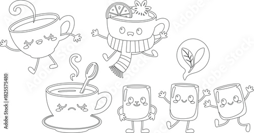 Cartoon Teacups, Mugs, and Marshmallows with Smiling Faces Outline on a White Background