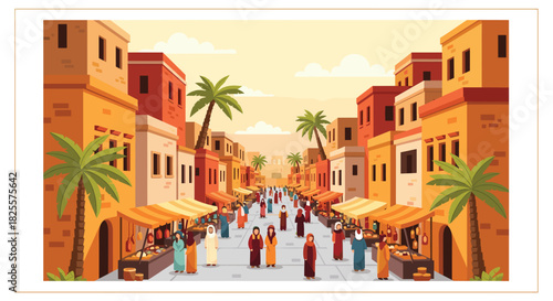 Vibrant Middle Eastern Marketplace Scene with People, Stalls, and Traditional Buildings; A Colorful Vector Illustration for Travel, Culture, and Design Projects