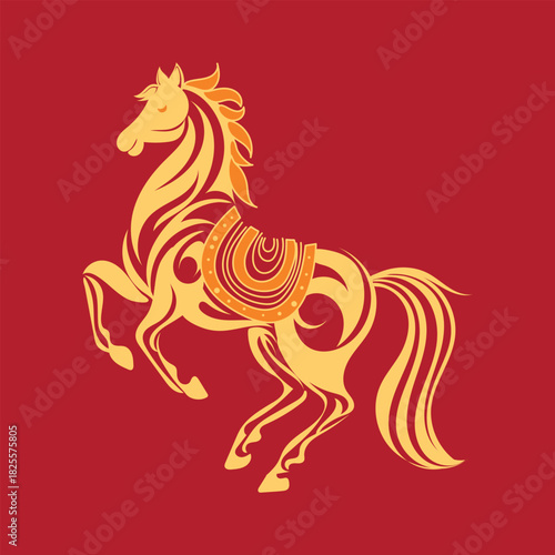 Golden lunar horse illustration on a vivid red background in flat festive style perfect for Lunar New Year themes celebrations branding decor posters cards and cultural creative projects now