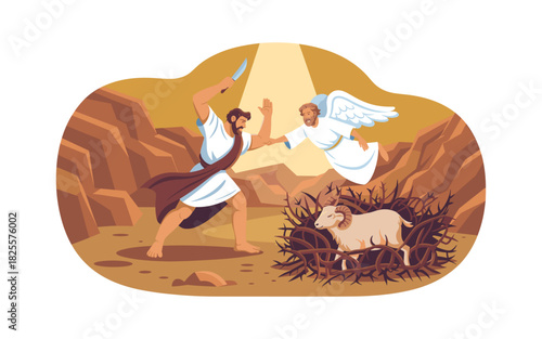 The Binding of Isaac: A Father's Test Interrupted by Divine Intervention, Featuring an Angel and a Ram Sacrifice in Dramatic Illustration