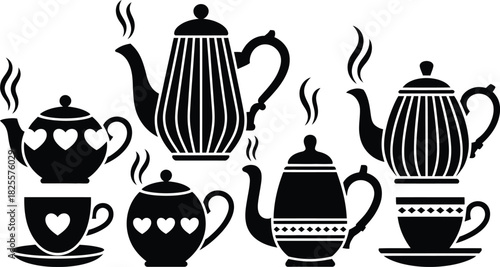 Collection of Black and White Teapots and Teacups Illustration, Tea Time Designs