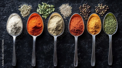 Fototapeta Naklejka Na Ścianę i Meble -  Six metal spoons lined on dark slate each holding a different colorful ground spice or green legume with small piles of seeds above, vibrant aromatic and appetizing