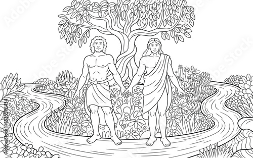 Adam and Eve Coloring Page with the River, the Garden of Eden and the Tree of the Knowledge of Good and Evil