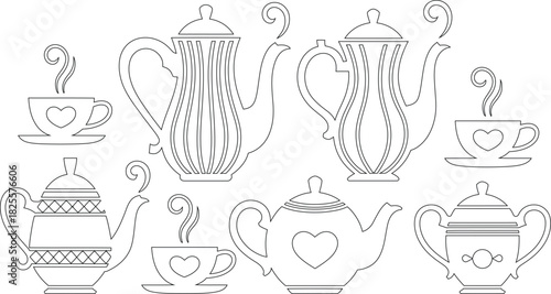 Collection of Tea Pots, Sugar Bowl, and Coffee Cups Outlined in a Cute Doodle Style