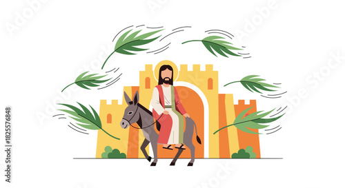 Jesus' Triumphal Entry into Jerusalem Illustration: Palm Sunday Celebration Depiction with Jesus on a Donkey Before the Gates, a Symbol of Palm Sunday.