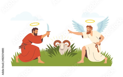 Abraham's Sacrifice: Faith and Divine Intervention, a religious illustration of a pivotal moment featuring Abraham, an angel, and the substitution of the ram.