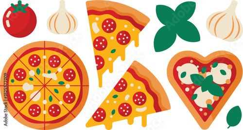 Colorful Flat Illustration of Pepperoni Pizza, Margherita Heart Pizza, Slices, Tomato, Basil, and Garlic