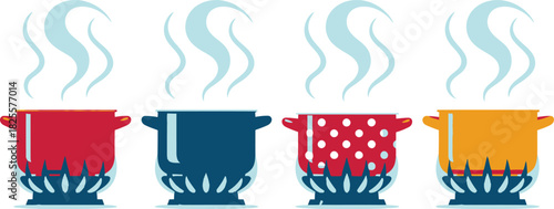 Colorful Cooking Pots Steaming on Stoves, Isolated Illustration for Culinary and Home Decor Projects