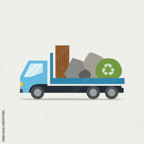 A blue truck carries various materials including stones, wood, and a recycling symbol, representing waste management and environmental responsibility.