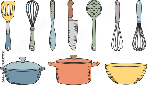 Colorful Kitchen Utensil Illustration Spatula, Whisk, Knife, Ladle, Pots, Bowl Art