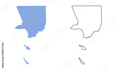 Map of Los Angeles County (California, USA) on white background. Map in different styles of outline and blue silhouette