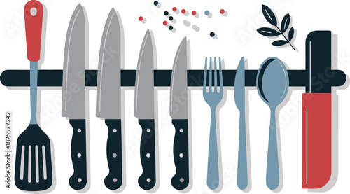 Colorful Kitchen Utensils and Knives Hanging on a Magnetic Strip Illustration, Dots, and Leaf