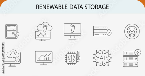 Renewable data storage green technology server line icons set