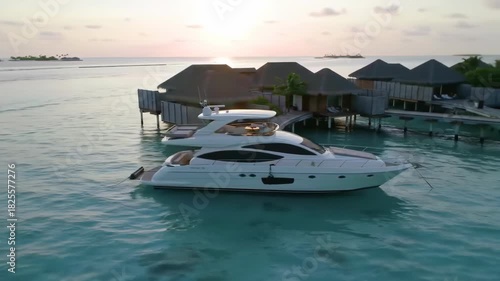 Luxury yacht anchored in serene waters near overwater bungalows at sunset