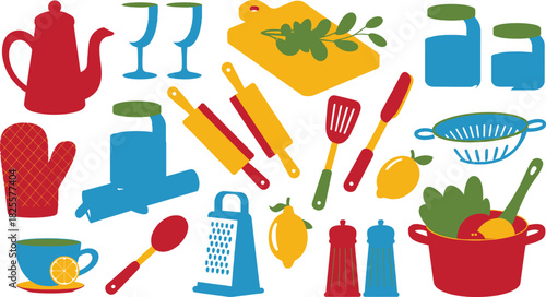 Colorful Kitchenware Still Life Kettle, Glasses, Rolling Pins, Spatula, Cutting Board, and More Culinary Items