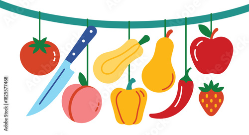Colorful Fruits and Vegetables Hanging from a String with a Knife, Isolated on White