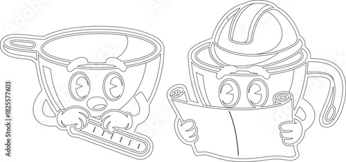 Coloring Page Cartoon Mug Holding a Thermometer and a Blueprint with Hardhat, Outlined
