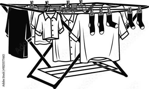 Clothes Drying Rack with Shirts and Socks on a Laundry Day