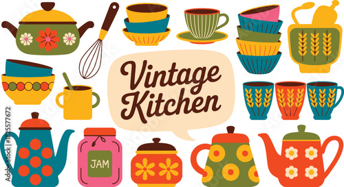 Colorful Retro Kitchenware Still Life Teapots, Cups, Bowls, Whisk, and Vintage Kitchen Text Bubble