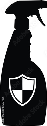 Black spray bottle with shield icon, protection against germs and viruses