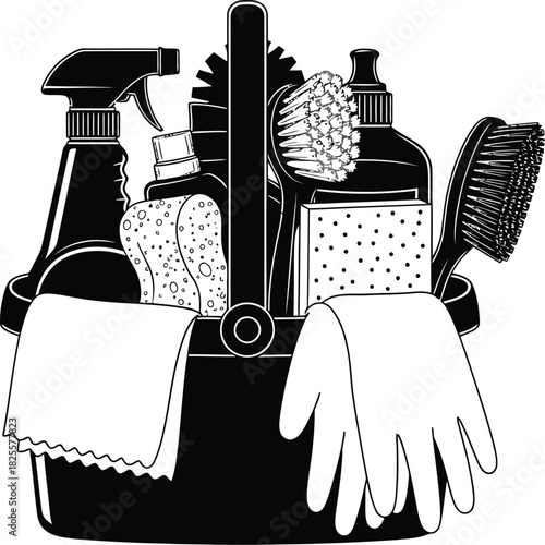 Cleaning supplies in a bucket with spray bottle, brushes, sponge
