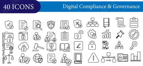 Digital Compliance & Governance icon set in clean line style featuring essential elements such as security, auditing, policy management, certification, legal documents, data protection.