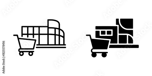 Shopping mall and retail store icons with a shopping cart, symbolizing modern consumerism, e-commerce, and marketplace transactions for commercial projects