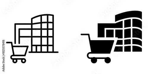 E-commerce icon: building and shopping cart, illustrating online retail, digital marketplace, web store purchasing, and convenient customer access!