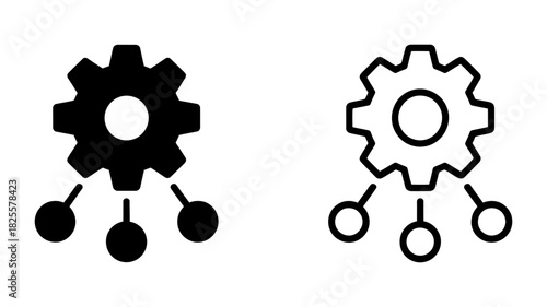 Configuration settings icon showing a central gear managing multiple connected components, representing system customization and control management.