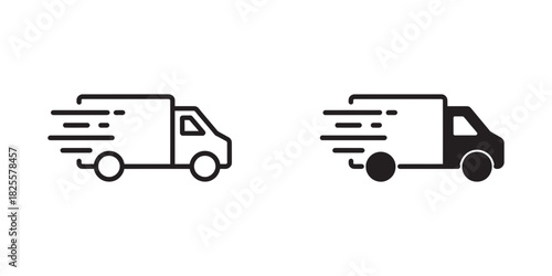 Fast delivery truck outline and solid filled icon set representing quick shipping, express courier service, and efficient logistics transportation