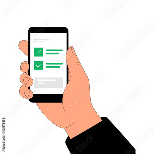 Hand holding a modern smartphone displaying a digital checklist application with successfully completed tasks, symbolizing mobile efficiency and survey completion.