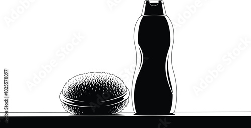 Black and White Bottle with Sponge, Hygiene and Beauty Product Concept