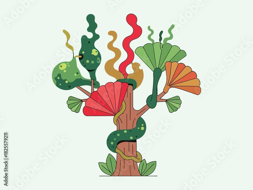 Enigmatic fantasy tree illustration featuring a winding green serpent entwined around its trunk, adorned with vibrant, abstract flora, evoking themes of ancient knowledge and mystical nature