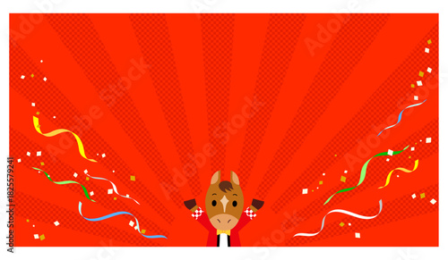 はっぴを着たウマのサンバースト背景