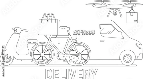 Express Delivery Sketch Featuring Van, Bicycle, Scooter, and Drone with Package for Coloring Page
