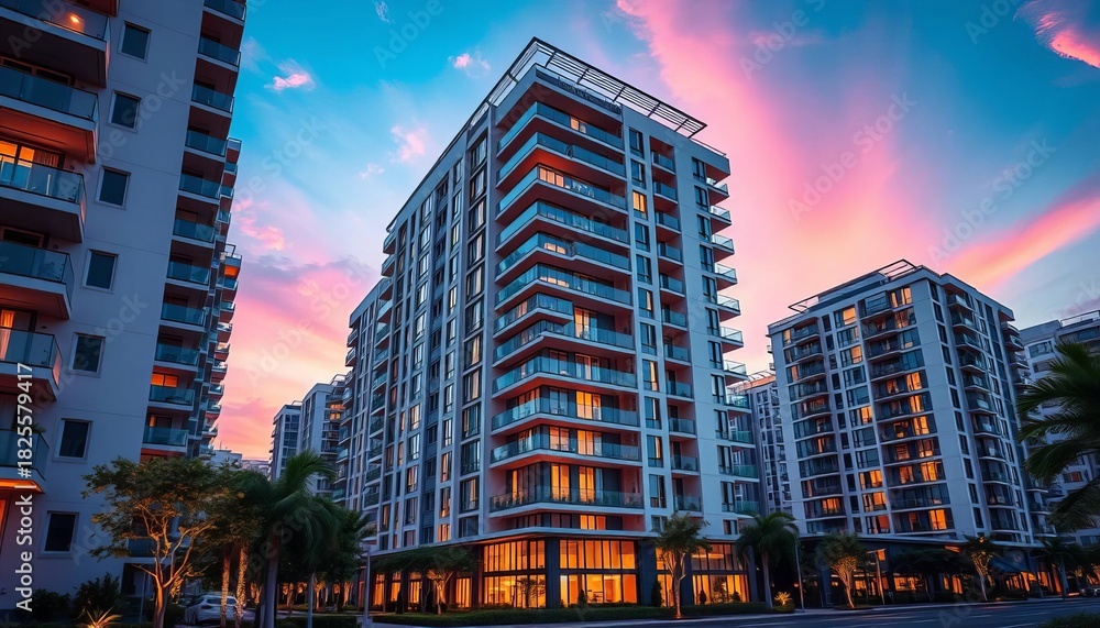 Obraz premium Modern luxury apartment building exterior at sunset, evening, concrete