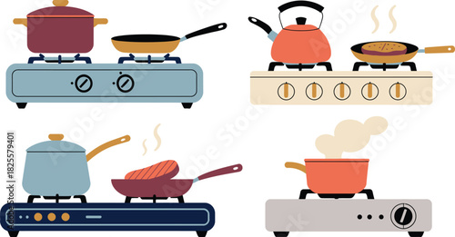 Four Colorful Kitchen Stovetops with Pots, Pans, Kettle, and Cooking Food Illustration Style