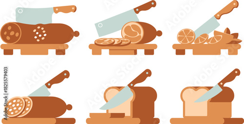 Flat Illustration of Food Being Sliced with Knives Sausage, Ham, Orange, and Bread
