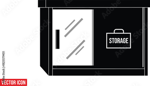 Black storage cabinet with sliding door and storage icon, organization