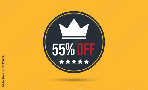 Round badge showing discount fifty five percent with a white crown and stars on yellow
