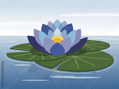 Tranquil Blue Water Lily Floating Gracefully on Calm Rippling Water Surrounded by Green Lily Pads in a Stylized Illustration