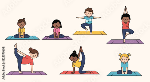 Kids doing yoga poses vector illustration set, promoting wellness and mindfulness for children