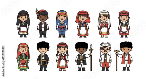 Diverse Cultural Celebration: Children Displaying National Costumes in Festive Vector Illustration