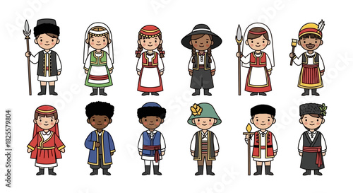 Diverse kids wearing traditional clothing from around the world vector illustration.