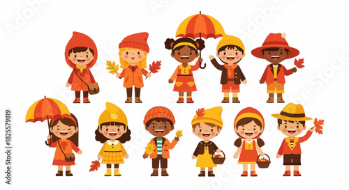 Autumn Kids Collection: Cute Cartoon Characters in Fall Outfits with Colorful Leaves Vector