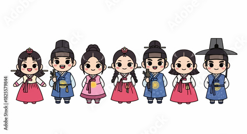 Cute Chibi Characters in Traditional Korean Hanbok Attire: A Charming Vector Illustration